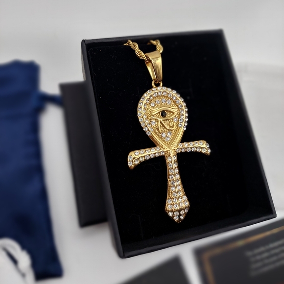 18K Gold Plated Ankh Eye Of Ra Pendant With Rope Chain - Picture 4 of 15